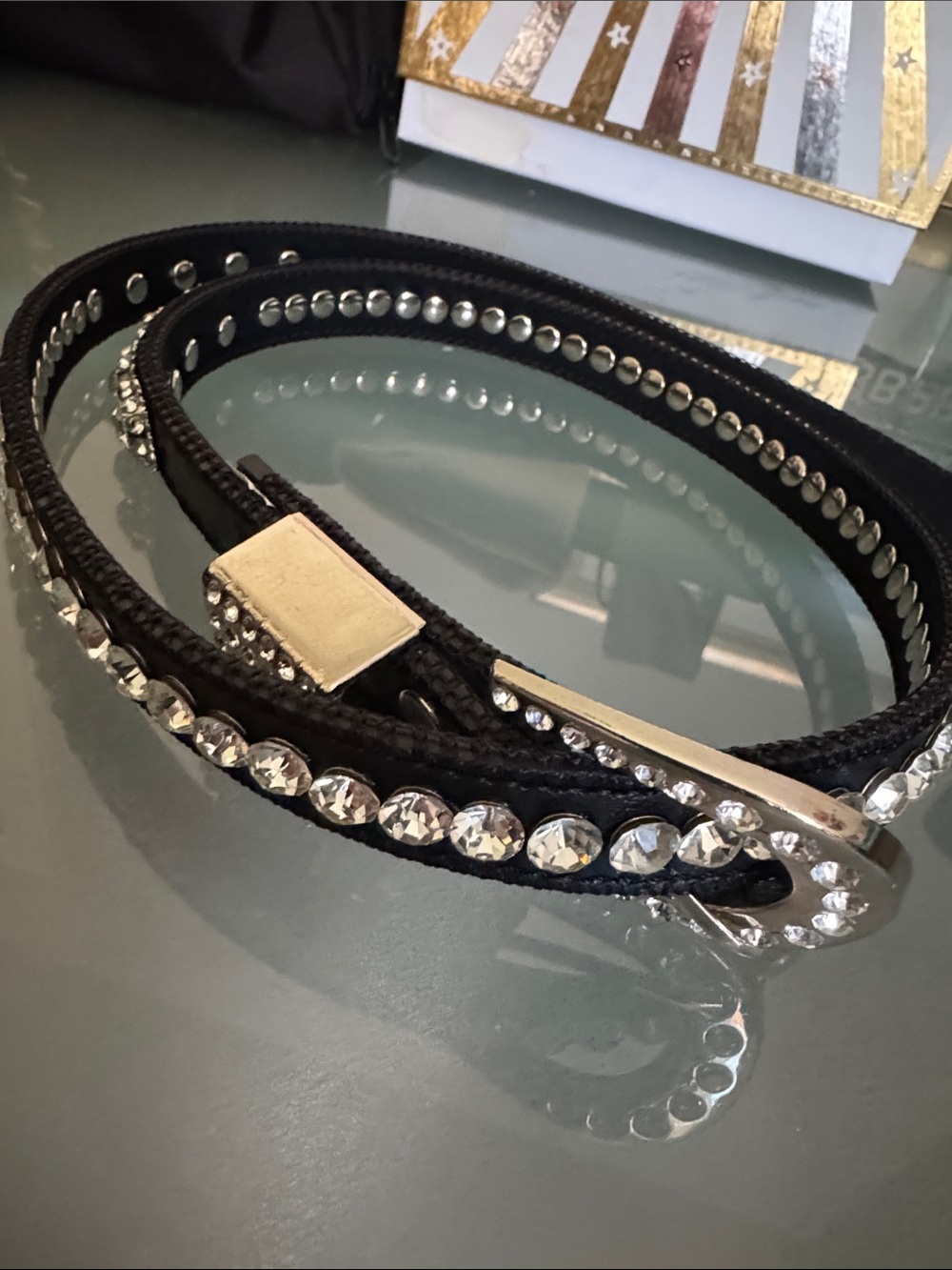 Black Crystal-Stud Slim Wrap Belt
